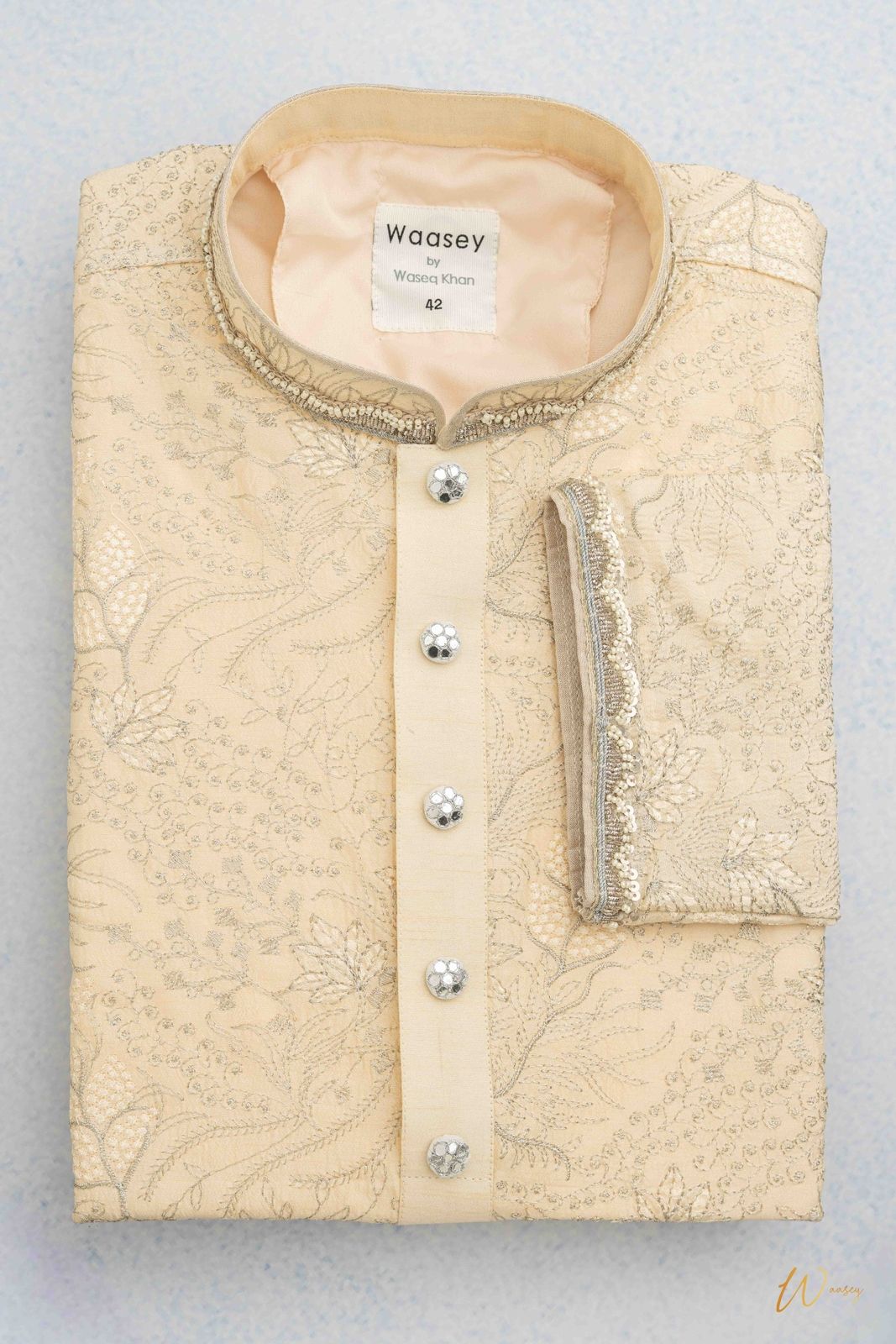 Ivory Embroidered Panjabi with Crystal Buttons