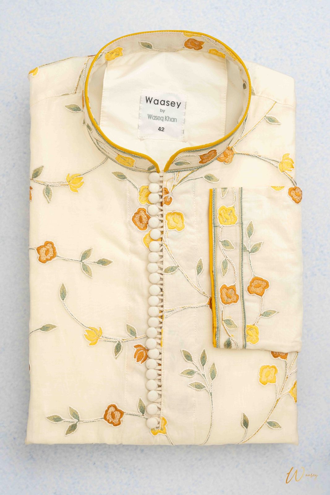 Cream Panjabi with Embroidered Floral Collar