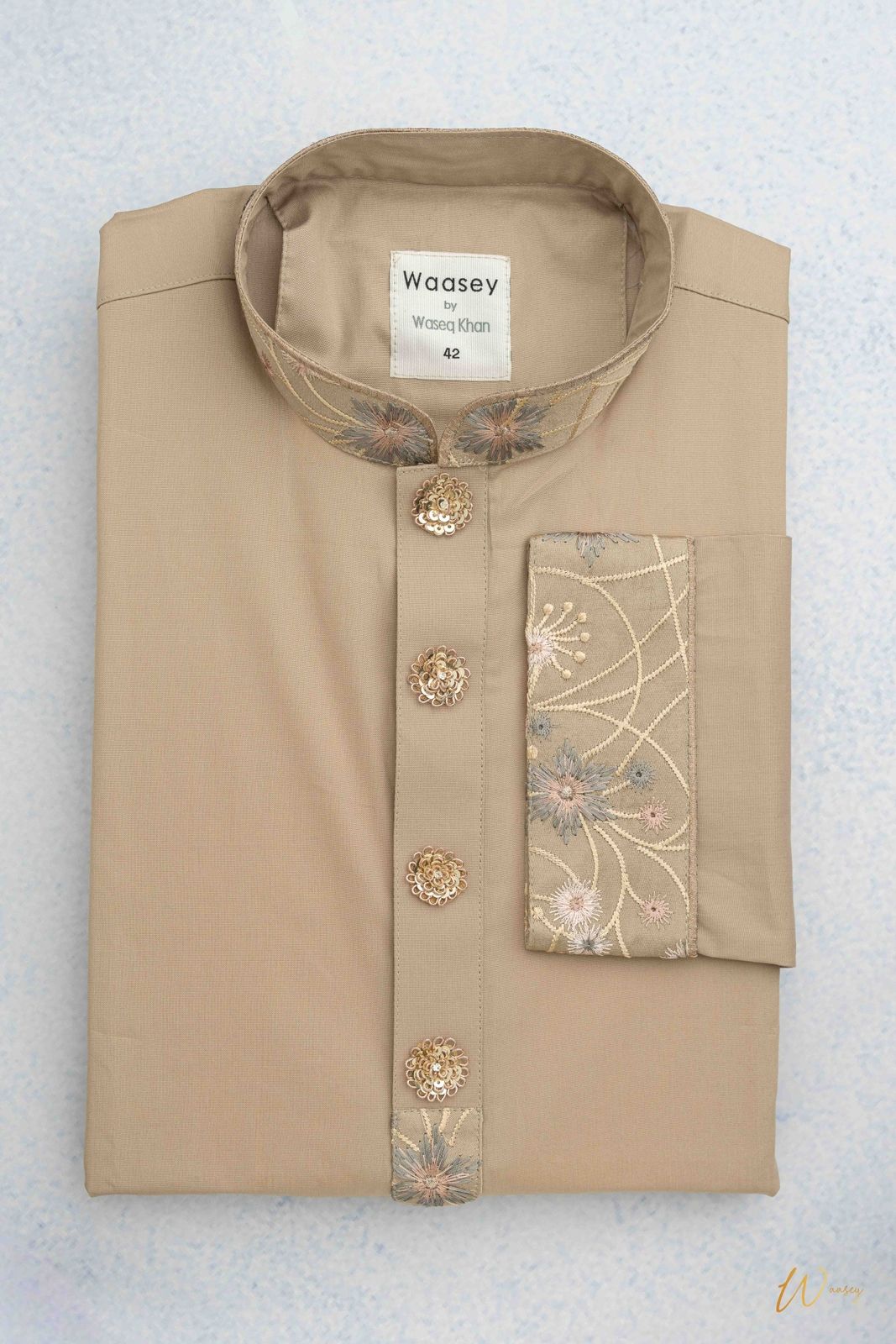 Beige Panjabi with Gold Floral Embroidery