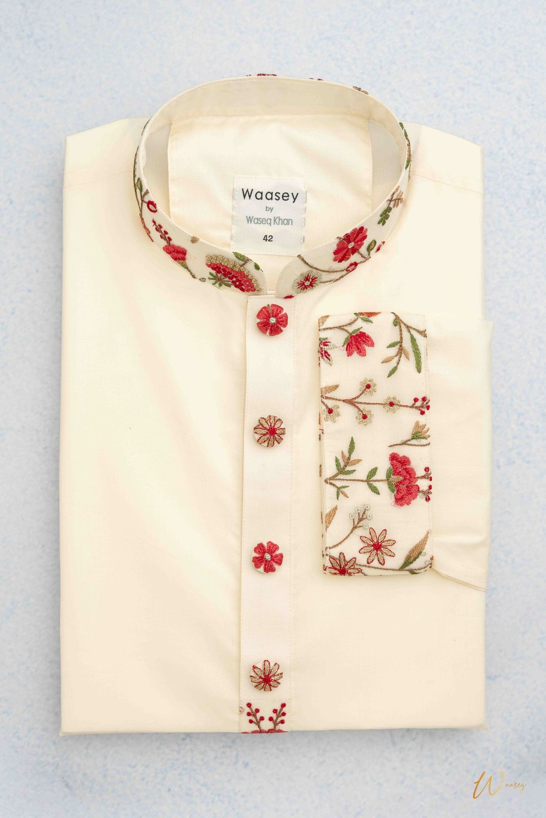 Cream Panjabi with Embroidered Floral Collar