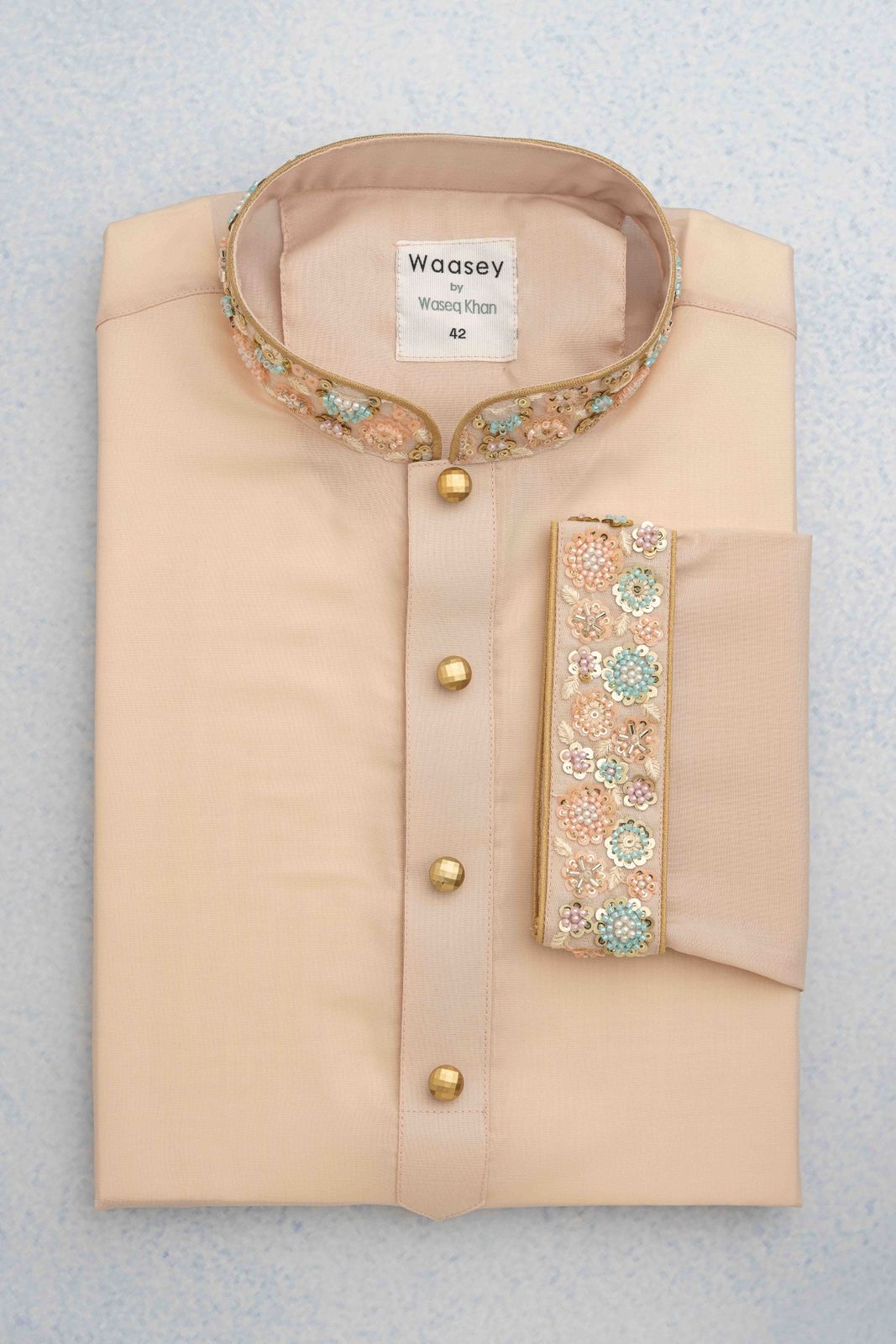 Soft Peach Panjabi with Gold Floral Embroidery