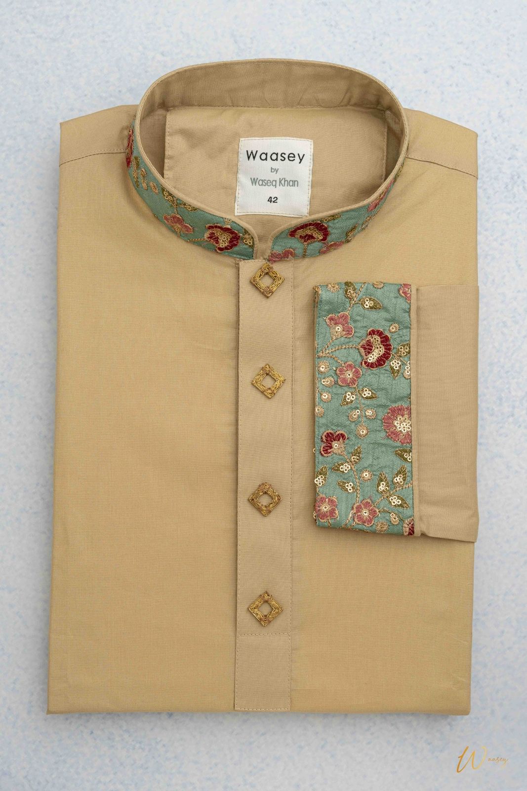 Beige Panjabi with Embroidered Floral Collar