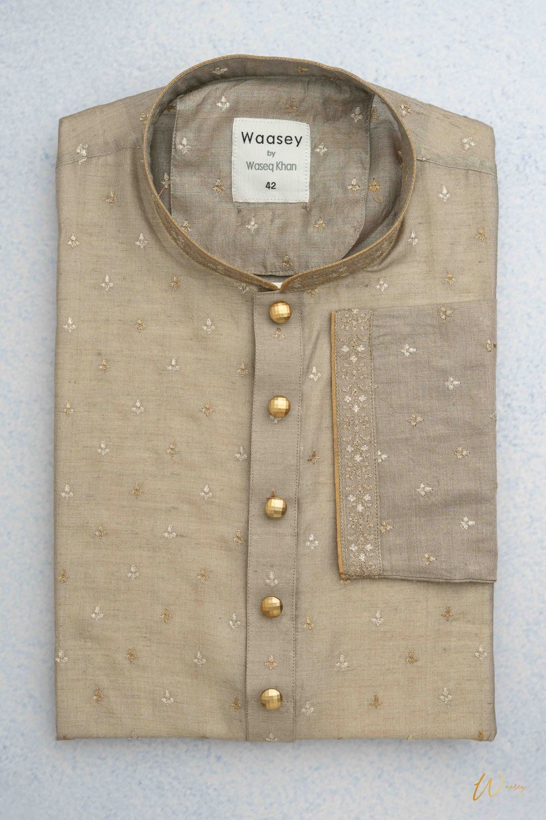 Beige Panjabi with Gold Floral Embroidery