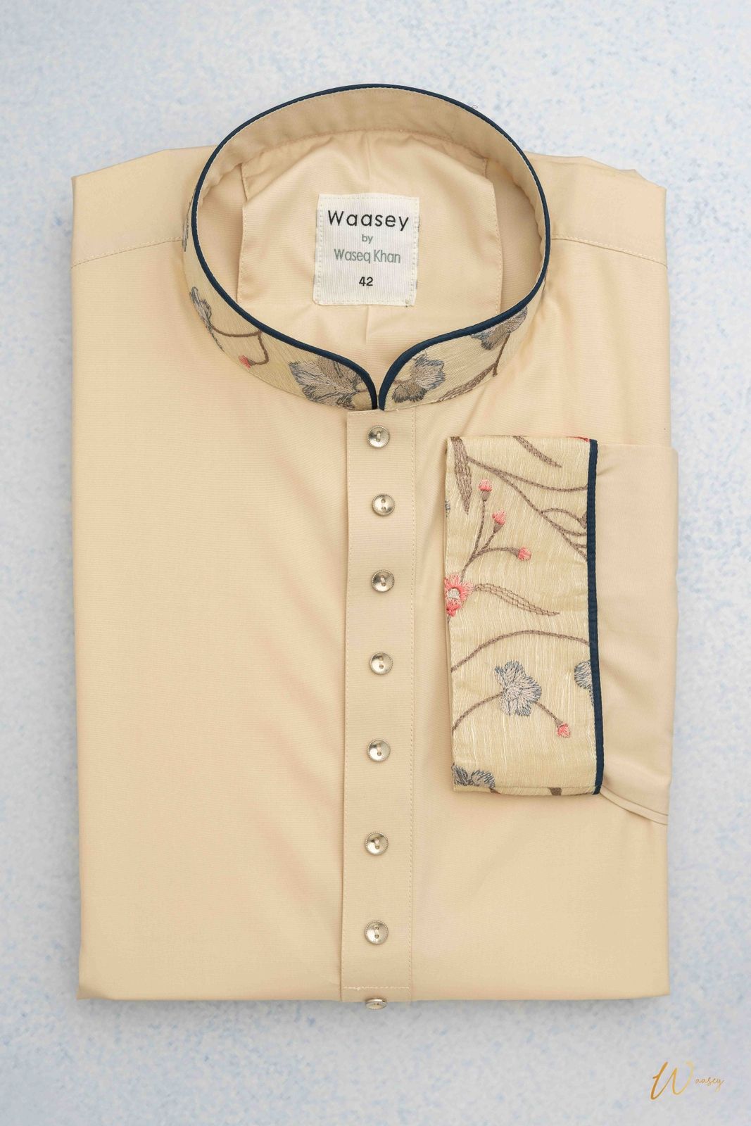 Beige Panjabi with Embroidered Floral Collar