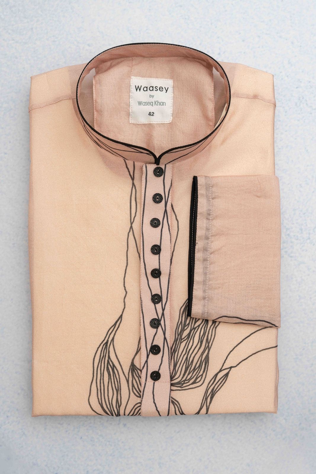 Soft Peach Panjabi with Black Floral Embroidery