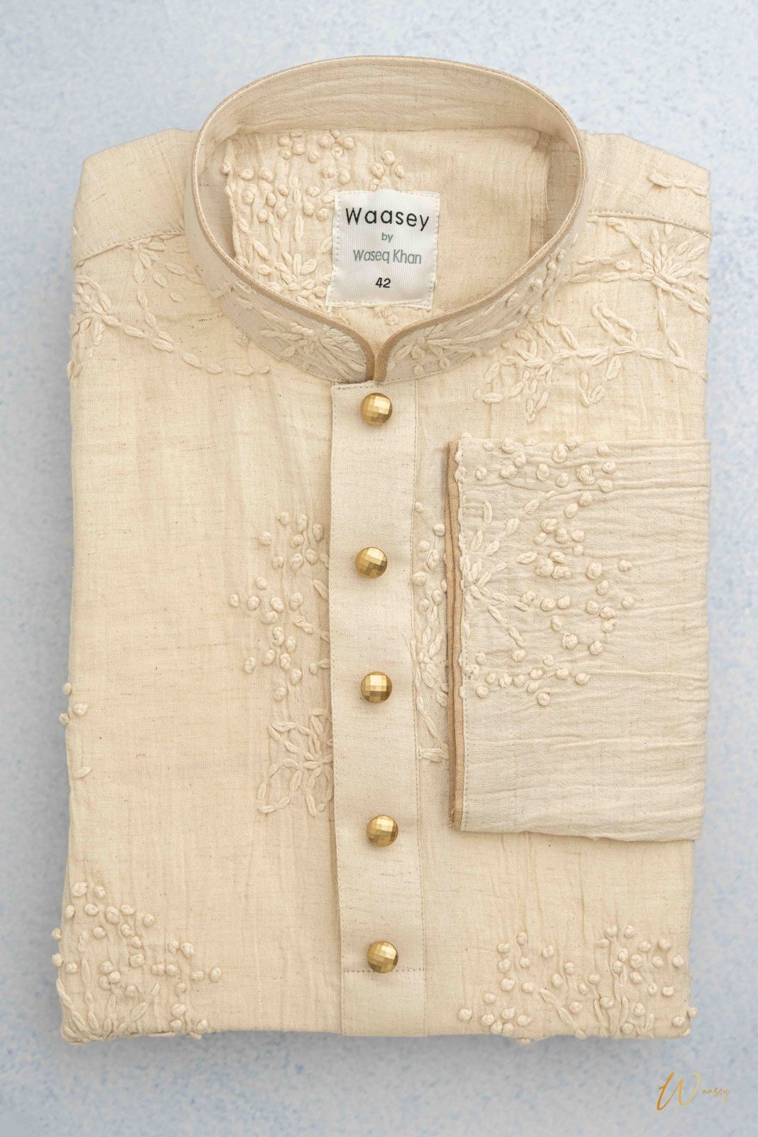 Ivory Embroidered Panjabi with Gold Buttons
