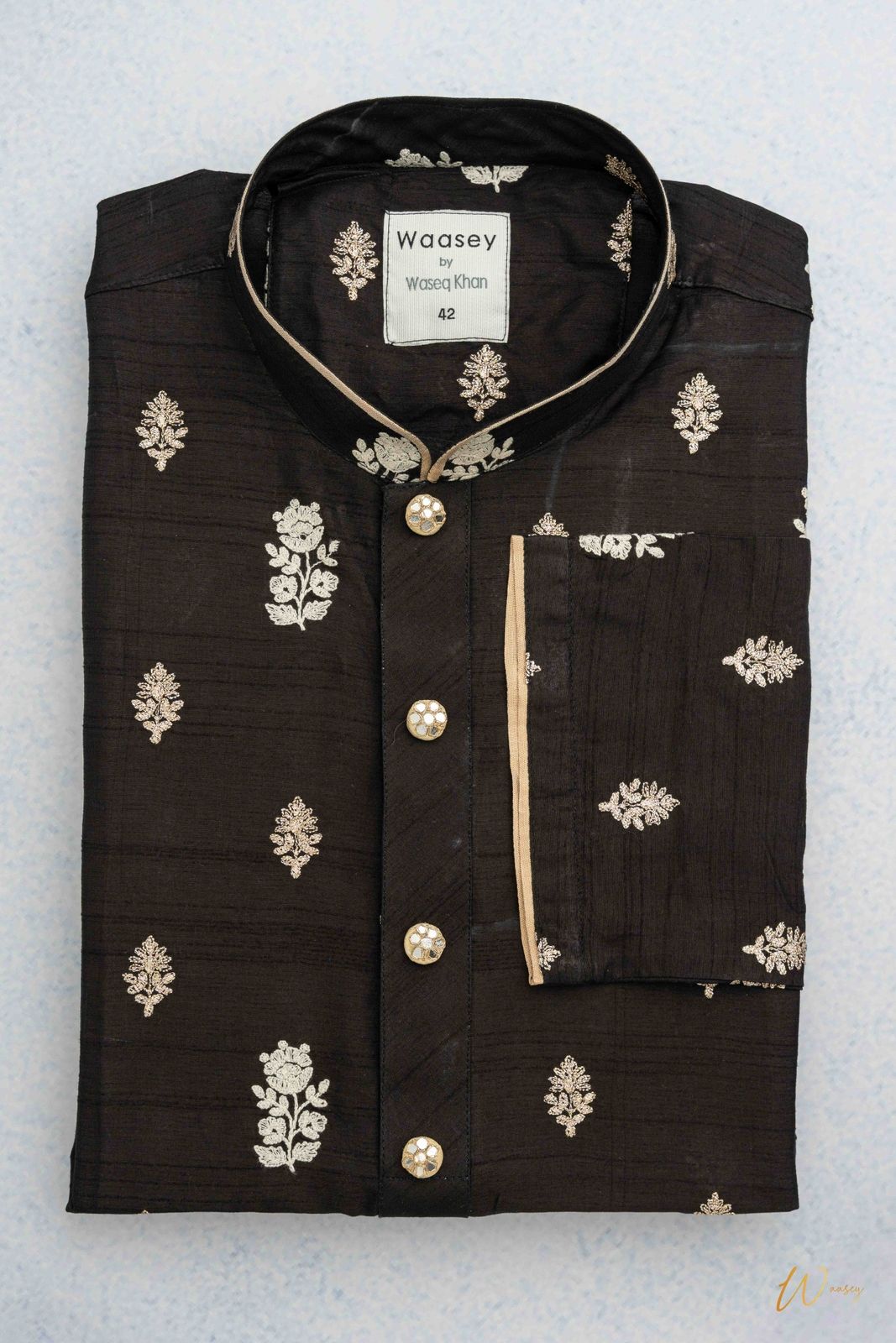 Black Panjabi with Gold Floral Embroidery