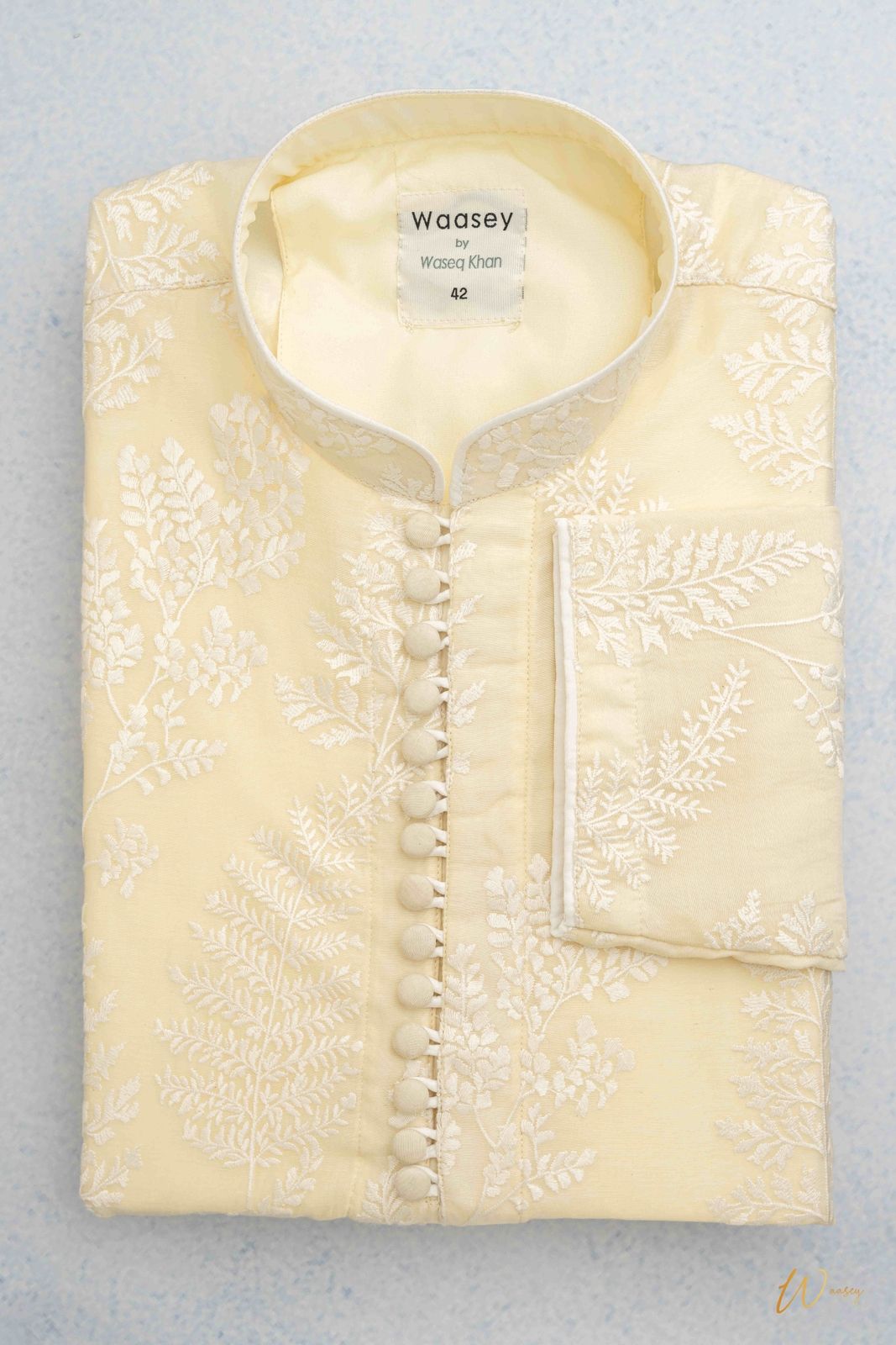 Ivory Panjabi with Embroidered Floral Motifs