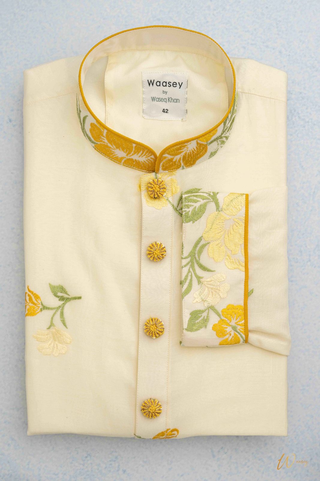 Cream Panjabi with Gold Floral Embroidery