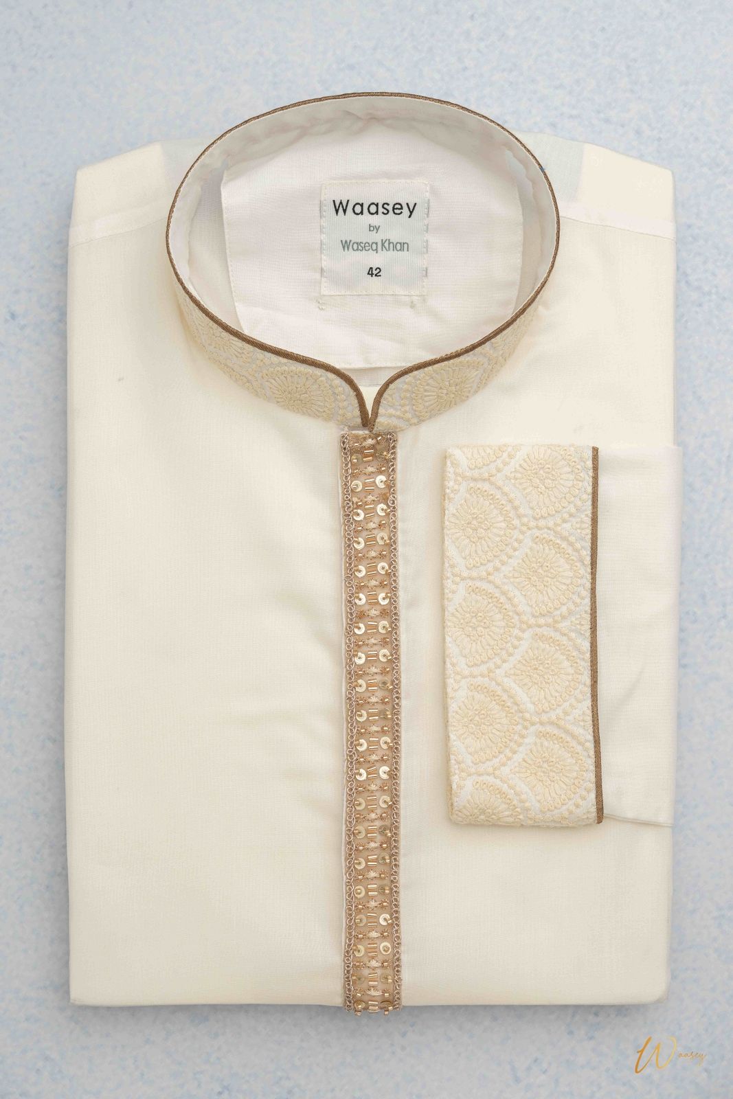 Ivory Panjabi with Gold Embroidered Placket