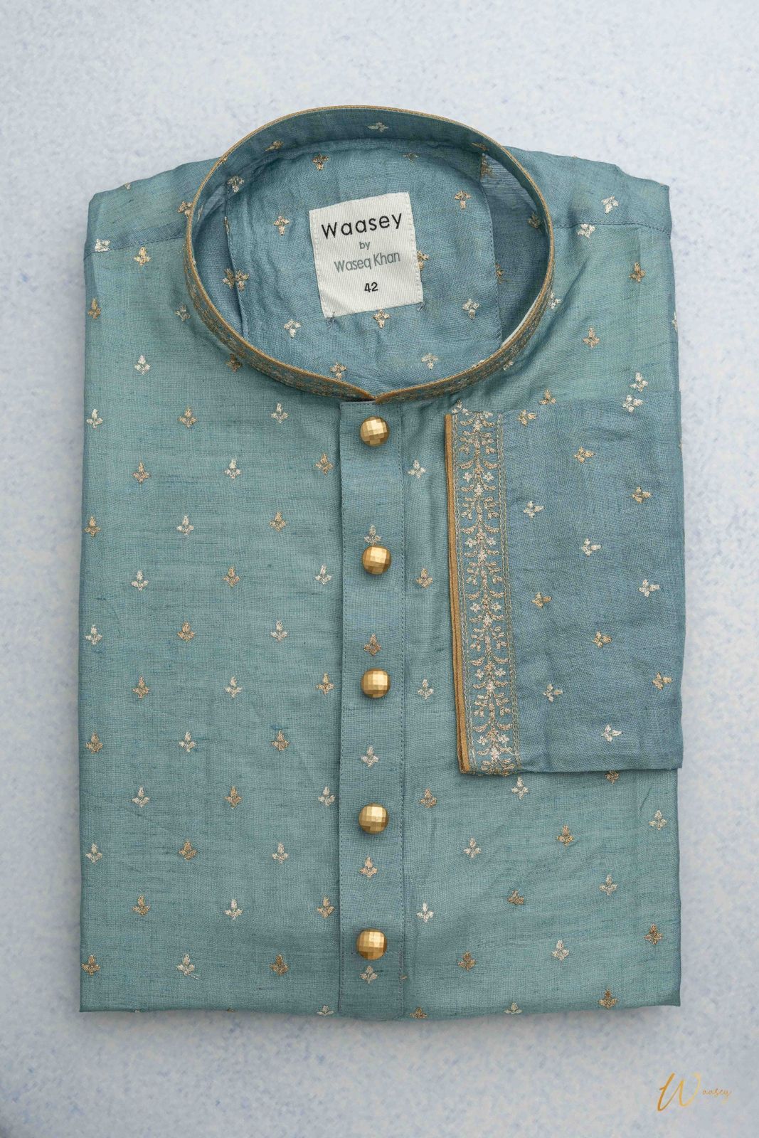 Mint Green Panjabi with Gold Embroidery