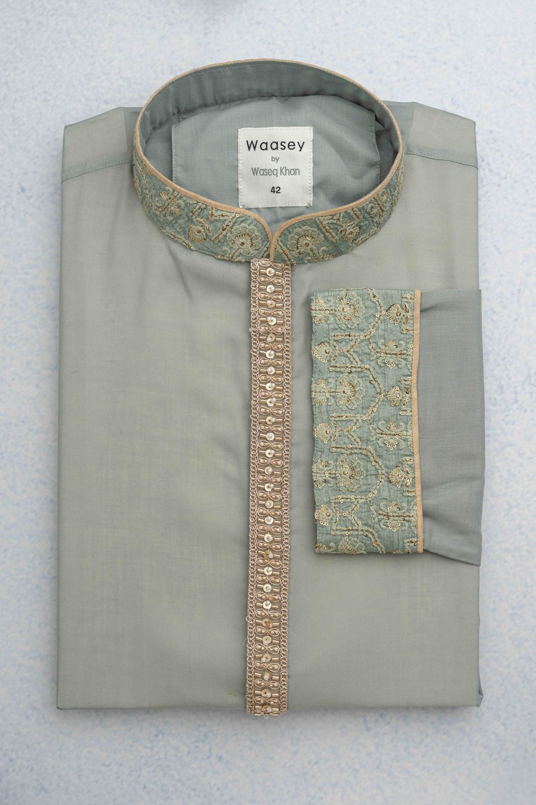 Mint Green Panjabi with Gold Embroidery