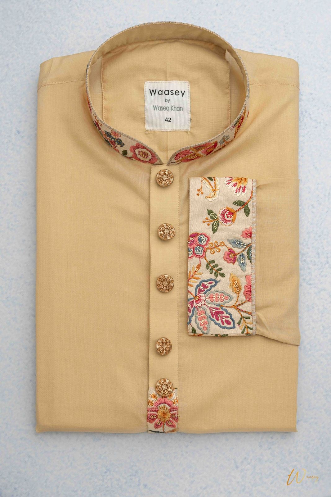 Golden Panjabi with Embroidered Floral Collar