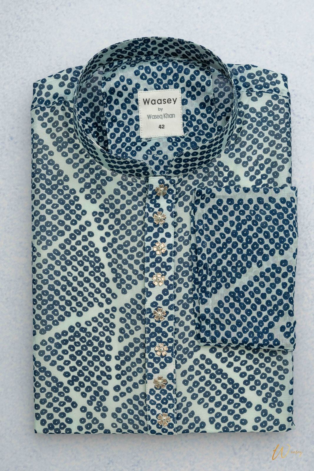 Blue & White Panjabi with Gold Floral Buttons