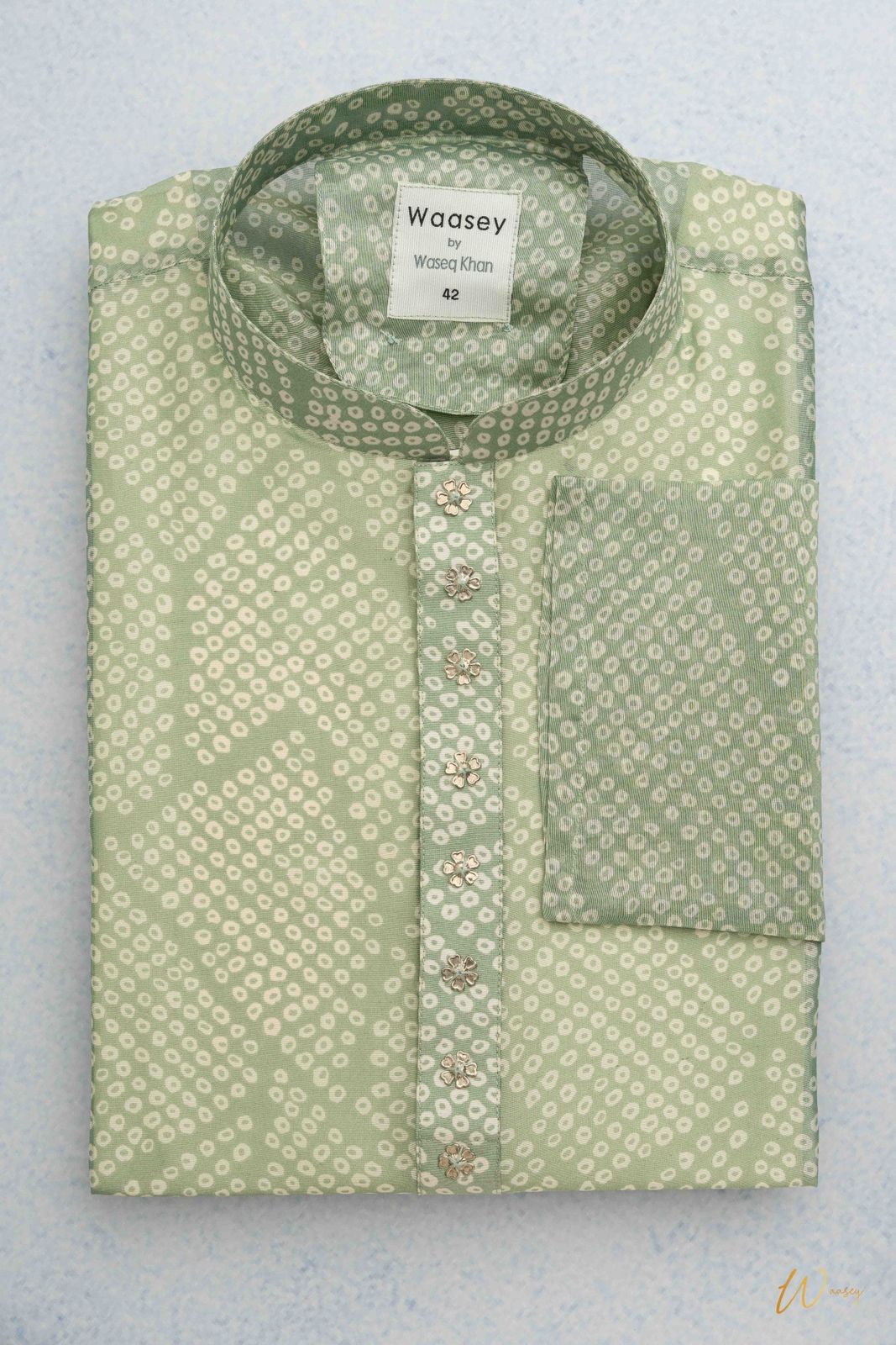 Mint Green Panjabi with Gold Floral Embroidery