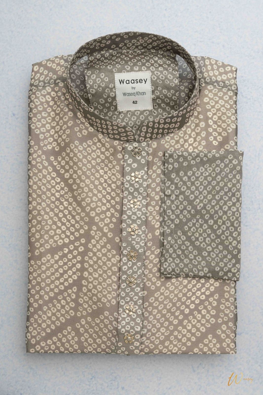 Beige Panjabi with Gold Floral Embroidery