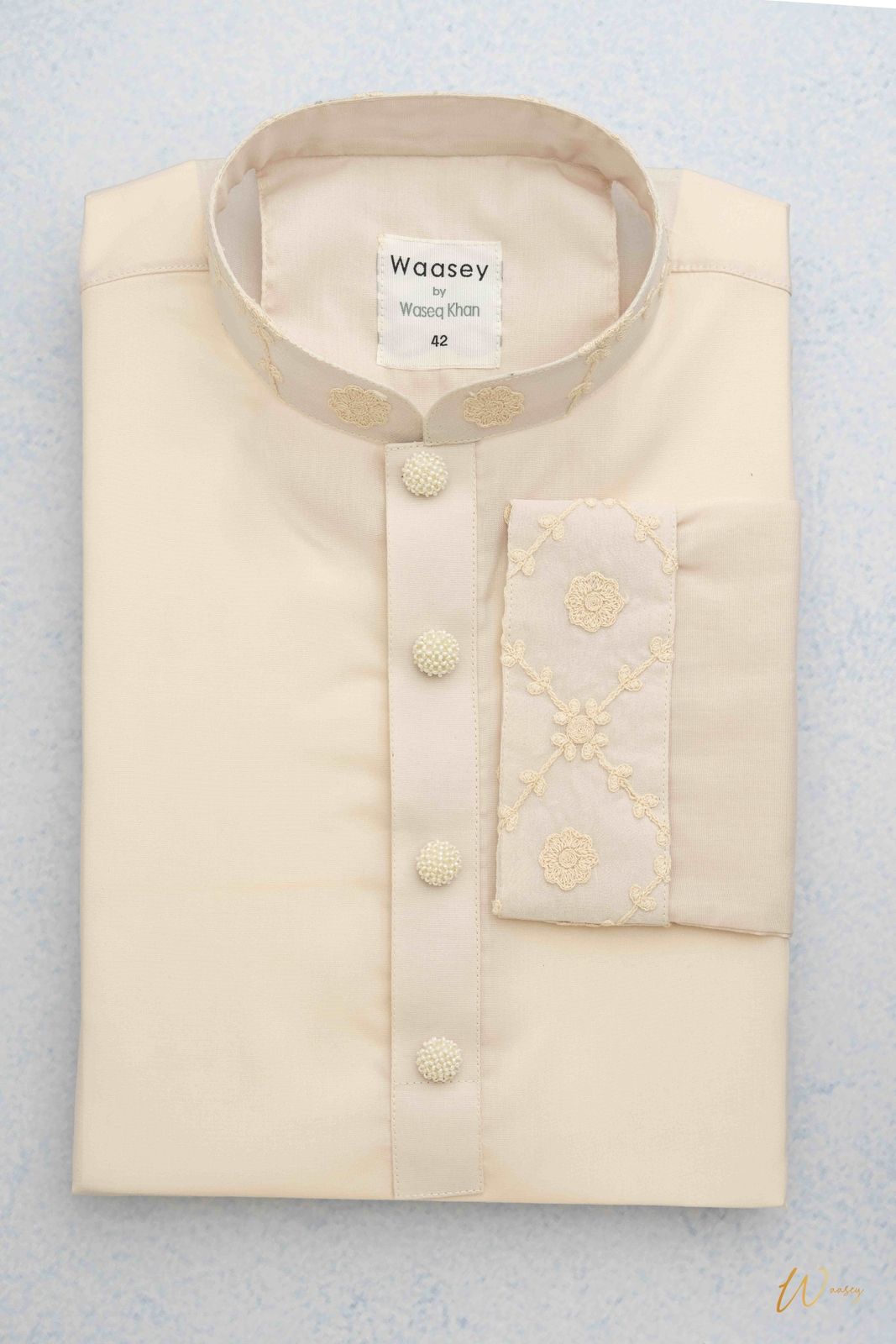 Ivory Embroidered Panjabi with Beaded Buttons