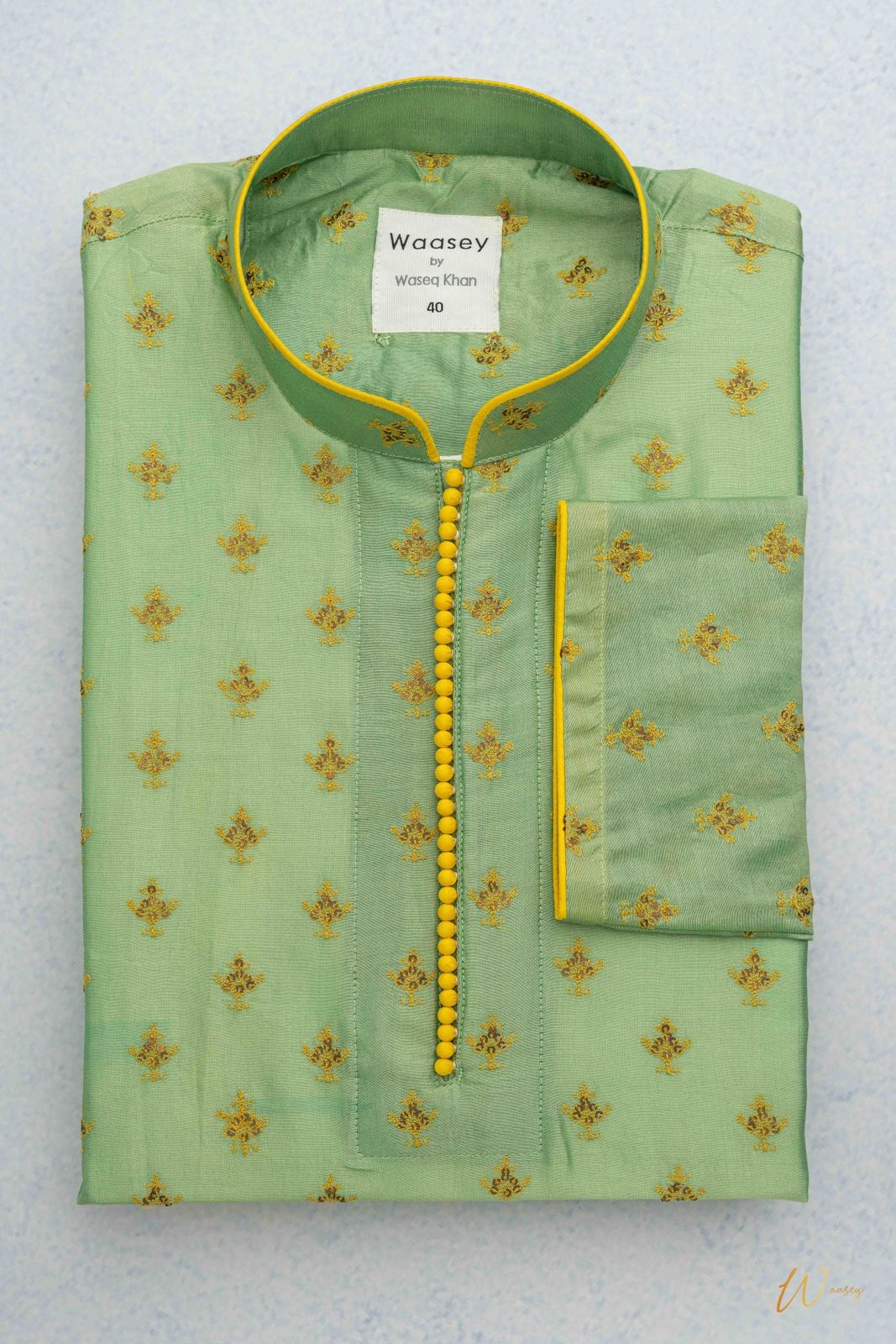 Green Panjabi with Contrast Collar & Placket