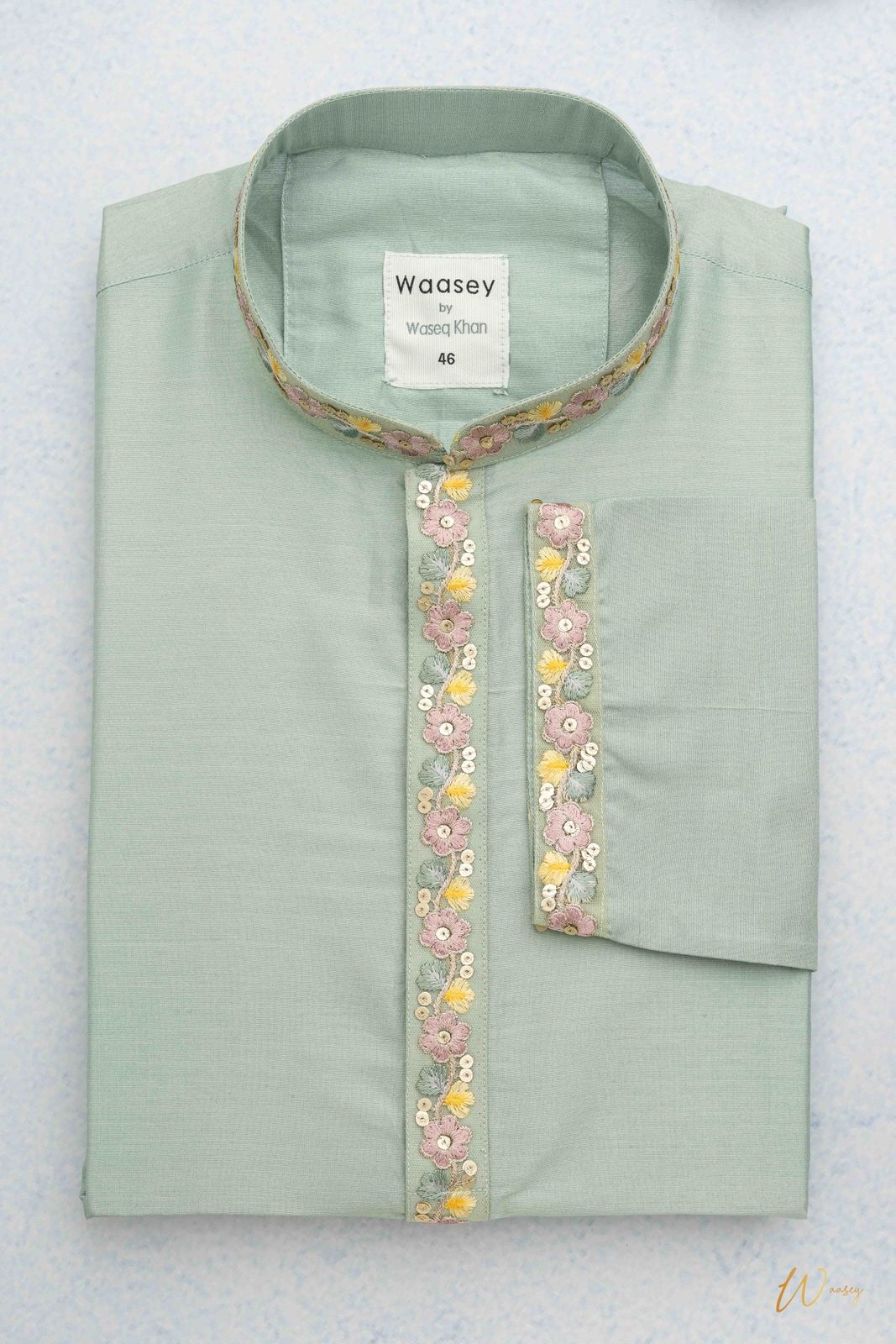 Mint Green Panjabi with Floral Embroidery