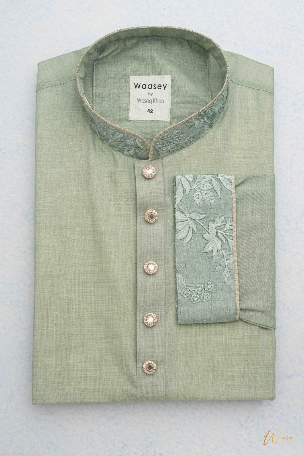 Mint Green Panjabi with Embroidered Floral Yoke