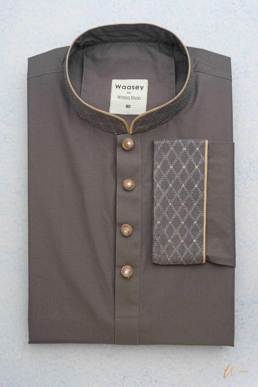 Dark Gray Panjabi with Gold Embroidered Placket