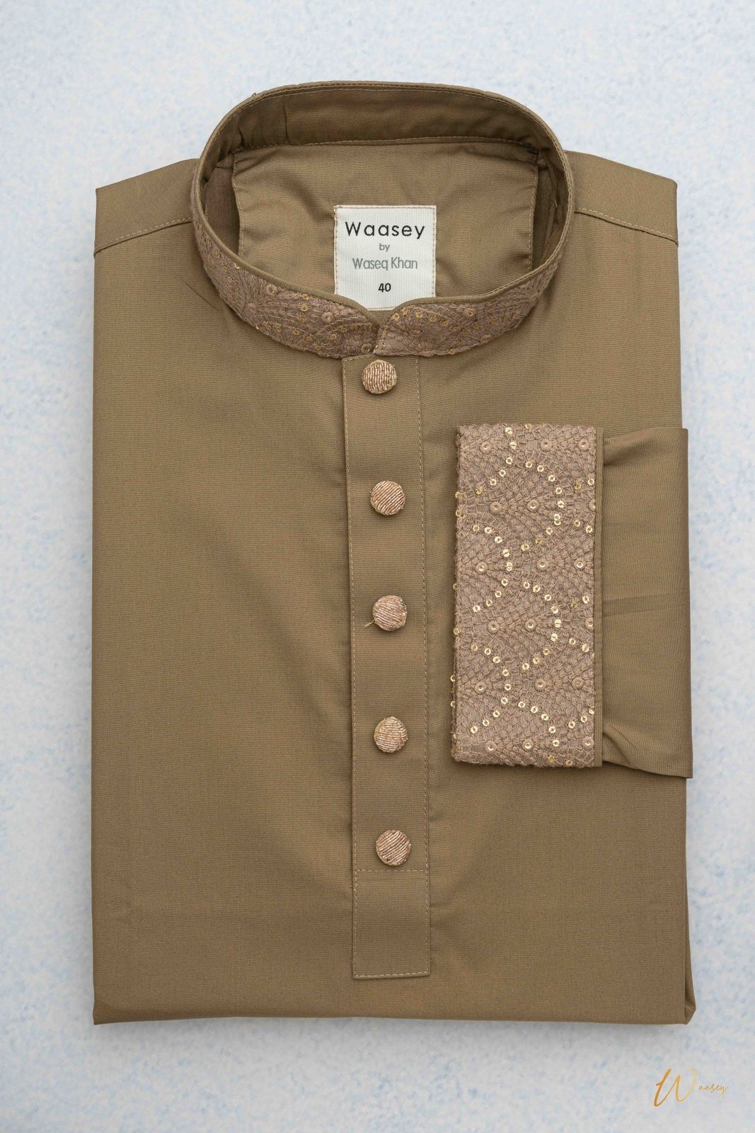 Olive Panjabi with Embroidered Collar & Sequin Cuff Detail