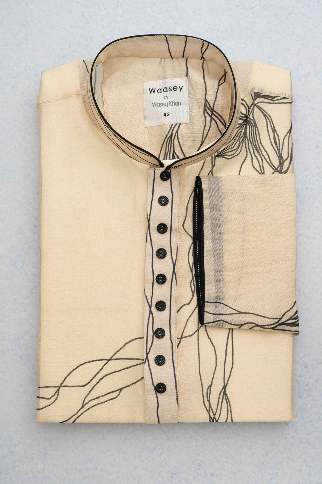 Beige Panjabi with Black Abstract Embroidery