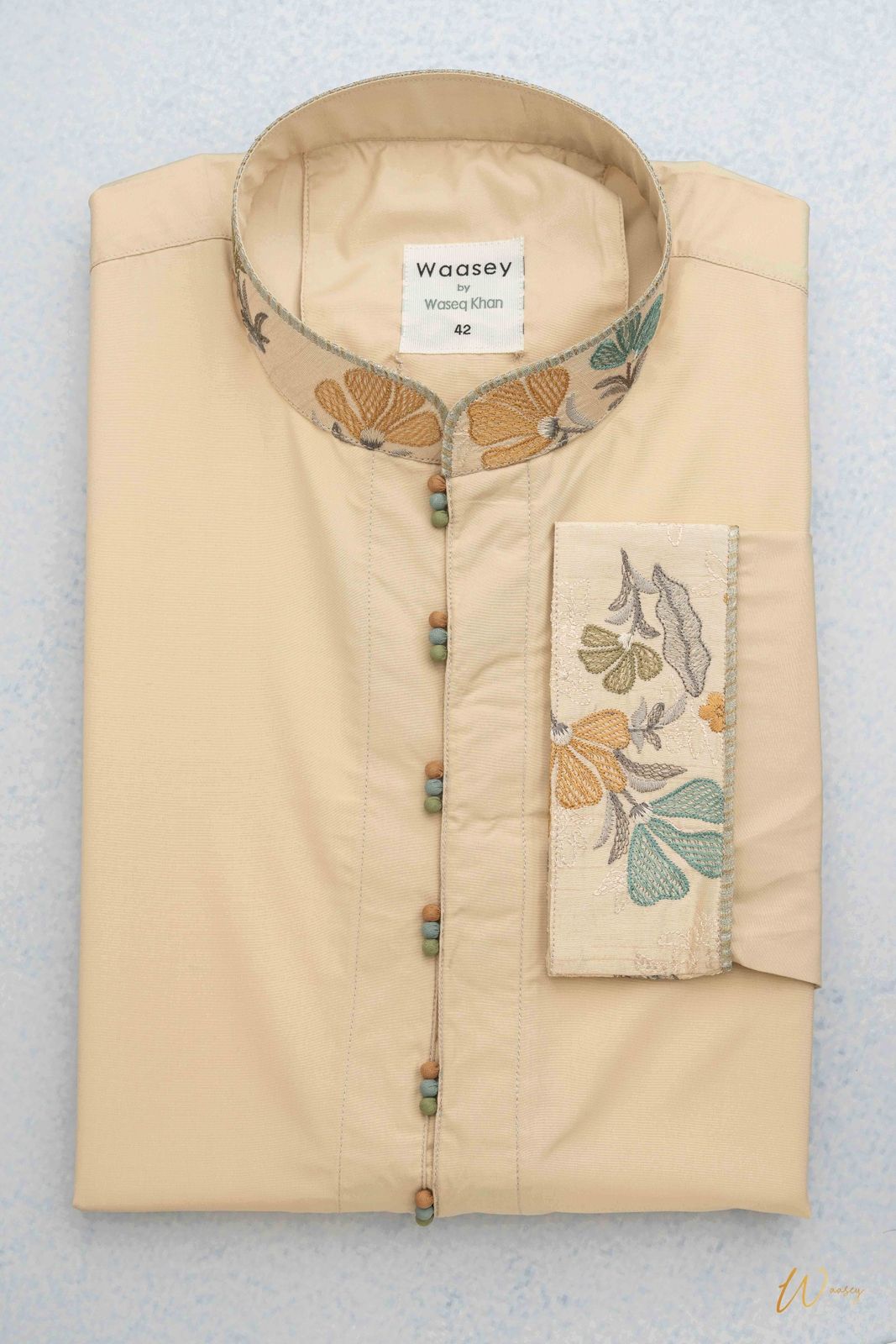 Cream Panjabi with Embroidered Floral Collar