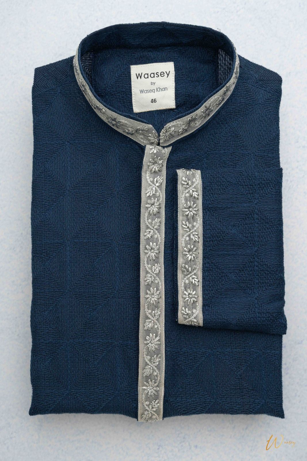 Navy Panjabi with Silver Floral Border Detailing