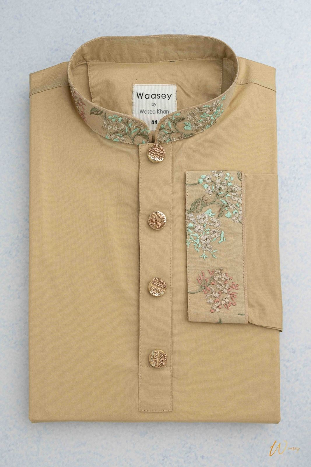 Beige Panjabi with Embroidered Floral Collar