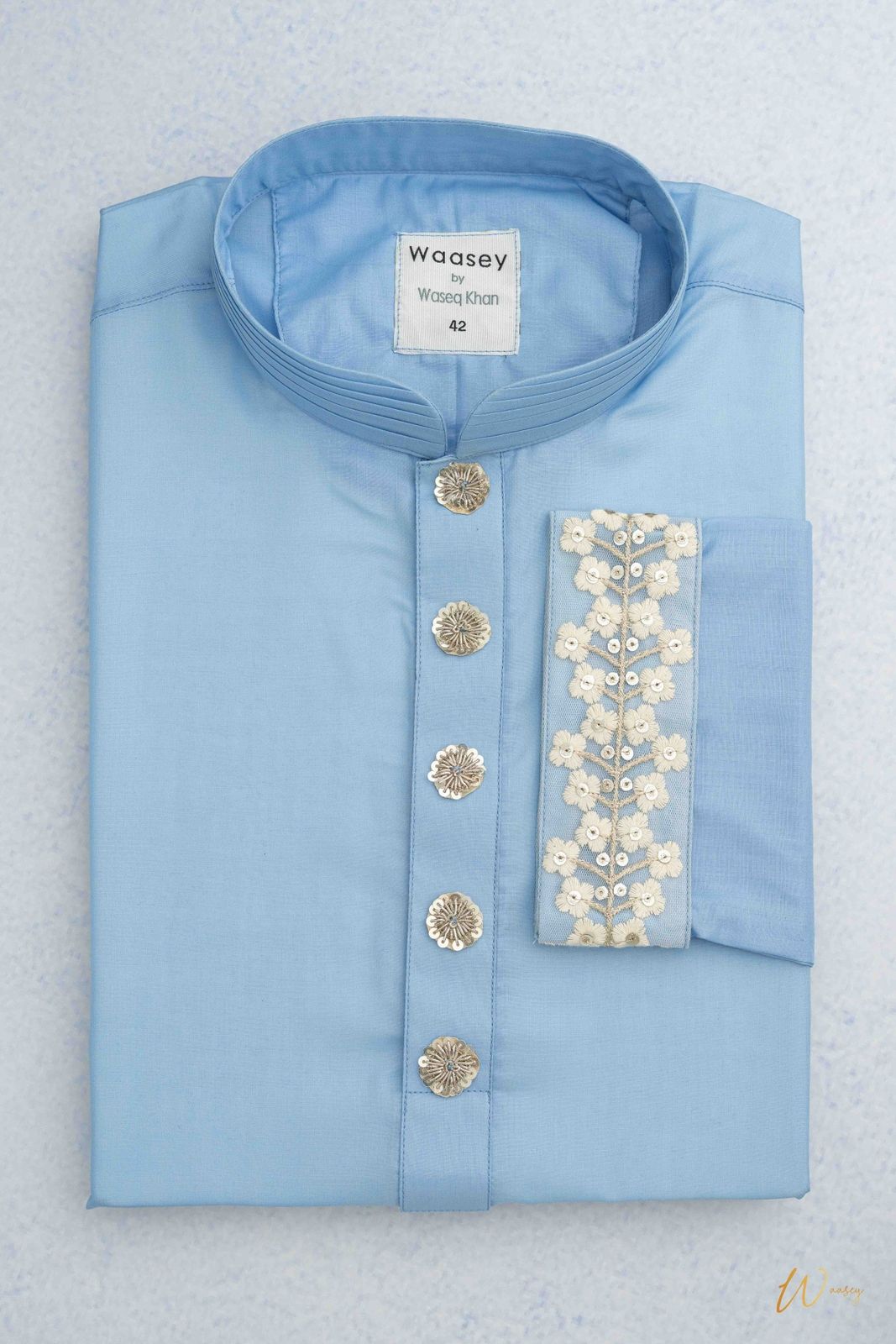 Sky Blue Panjabi with Embroidered Floral Motif