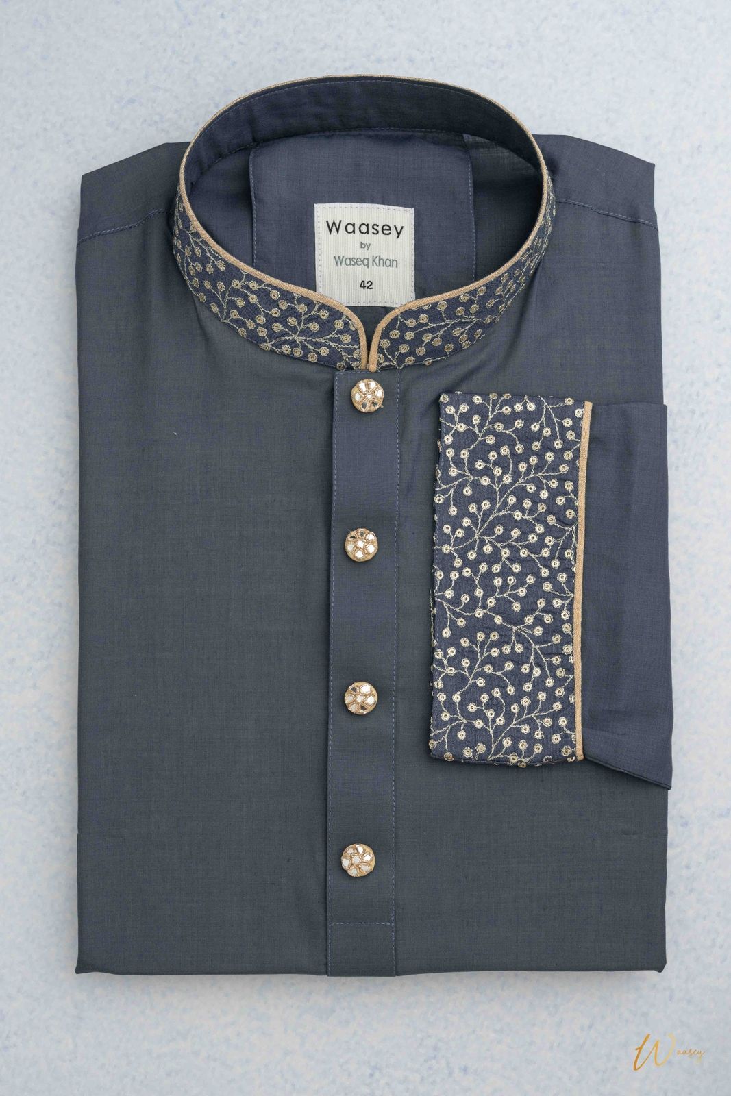 Navy Blue Panjabi with Gold Floral Embroidery