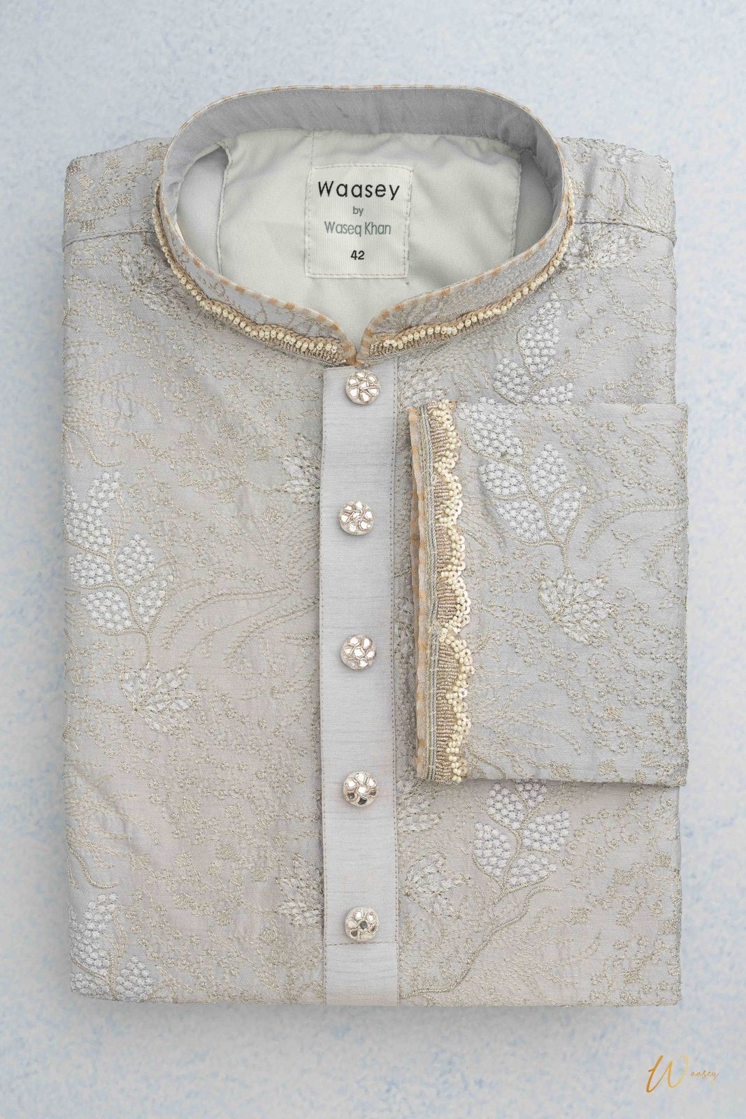 Silver Embroidered Panjabi with Beaded Neckline