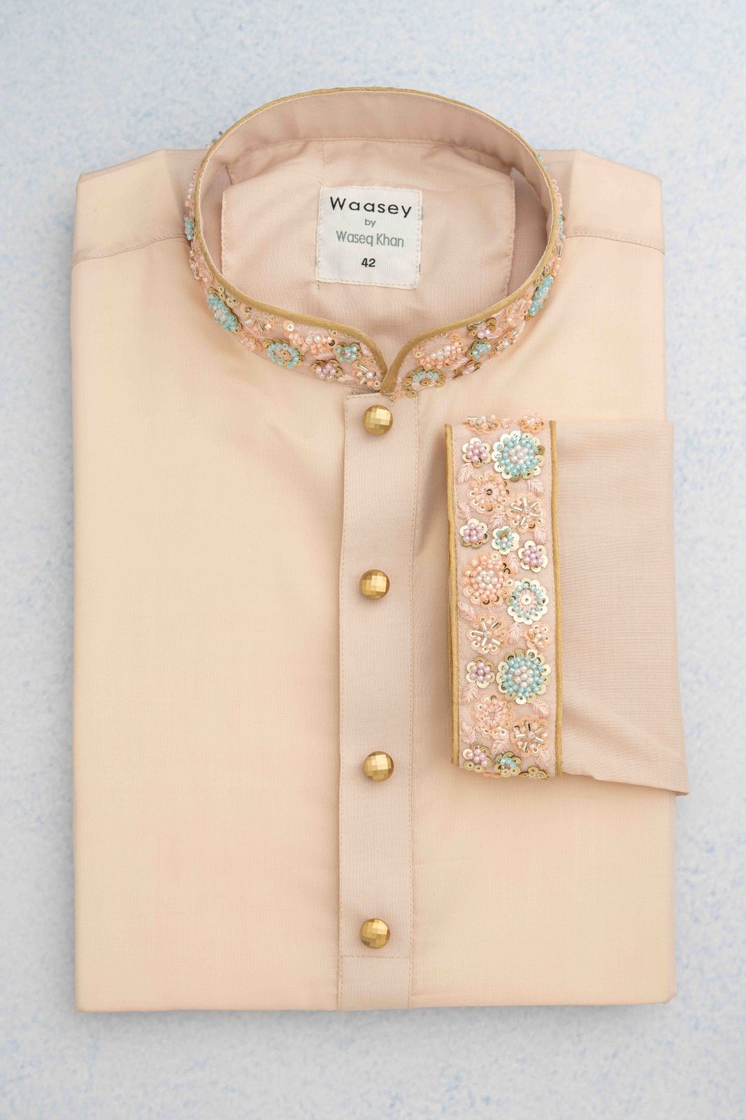 Soft Peach Panjabi with Gold Button Embellishments