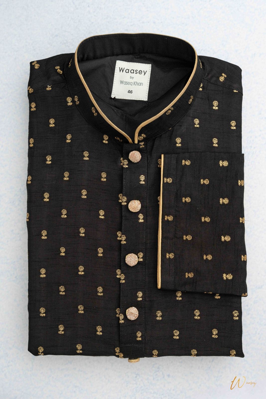 Royal Black Panjabi with Golden All-Over Motifs