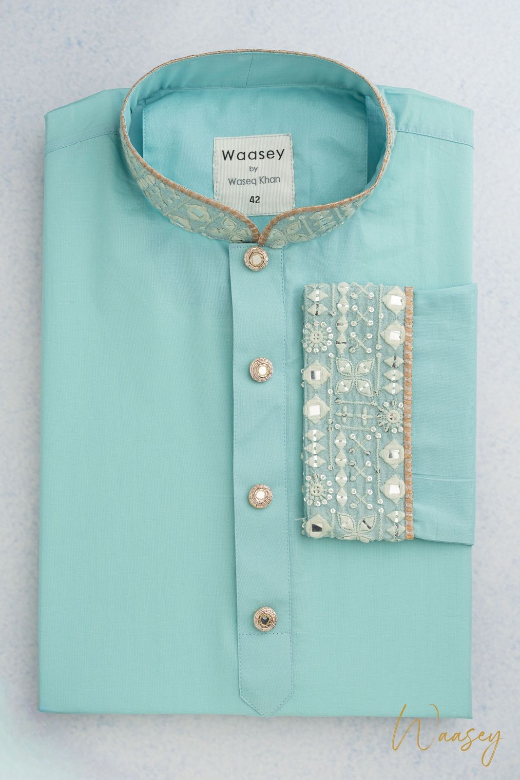 Aquamarine Panjabi with Mirror Embroidery