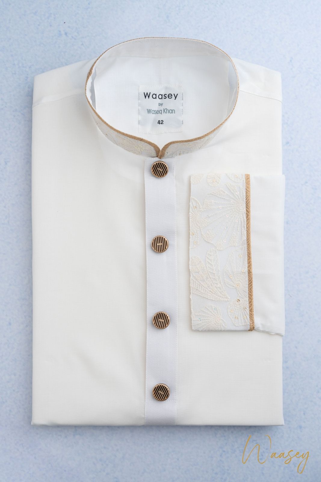 White Panjabi with Gold Embroidered Cuff