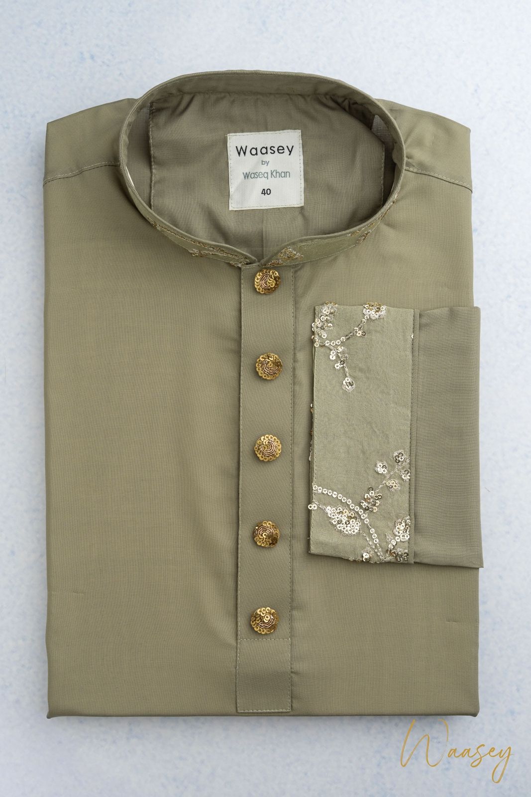 Sage Green Panjabi with Designer Cuff Panel