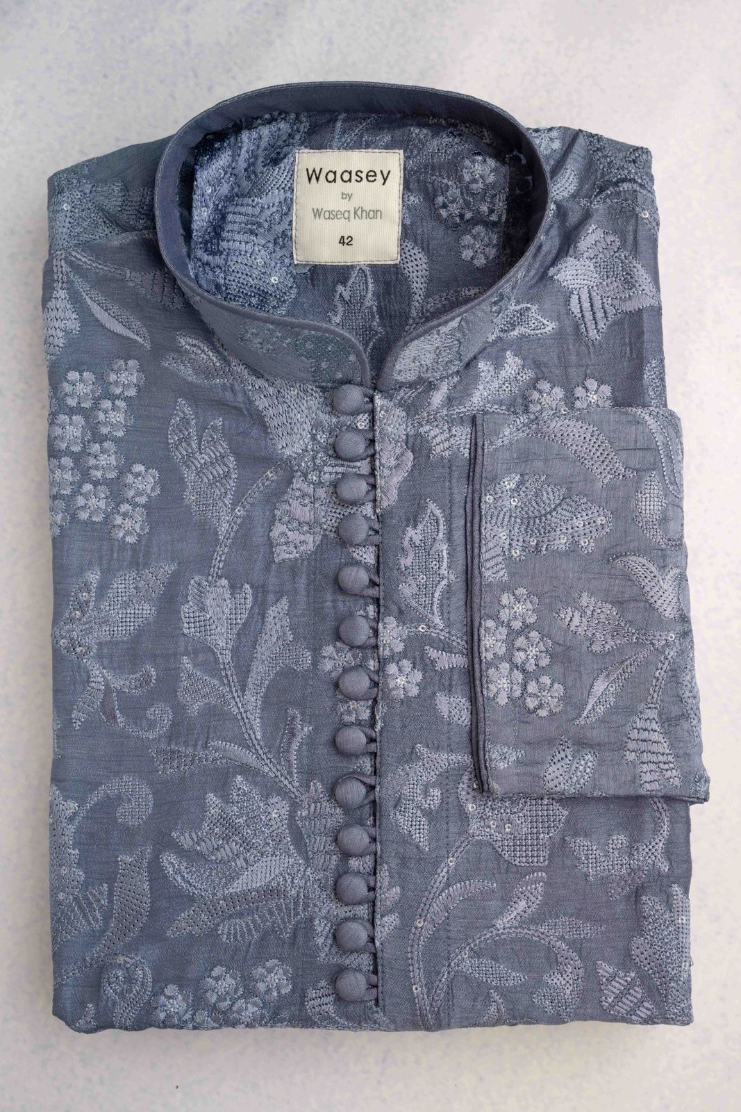 Indigo Blue Panjabi with Embroidered Floral Motifs