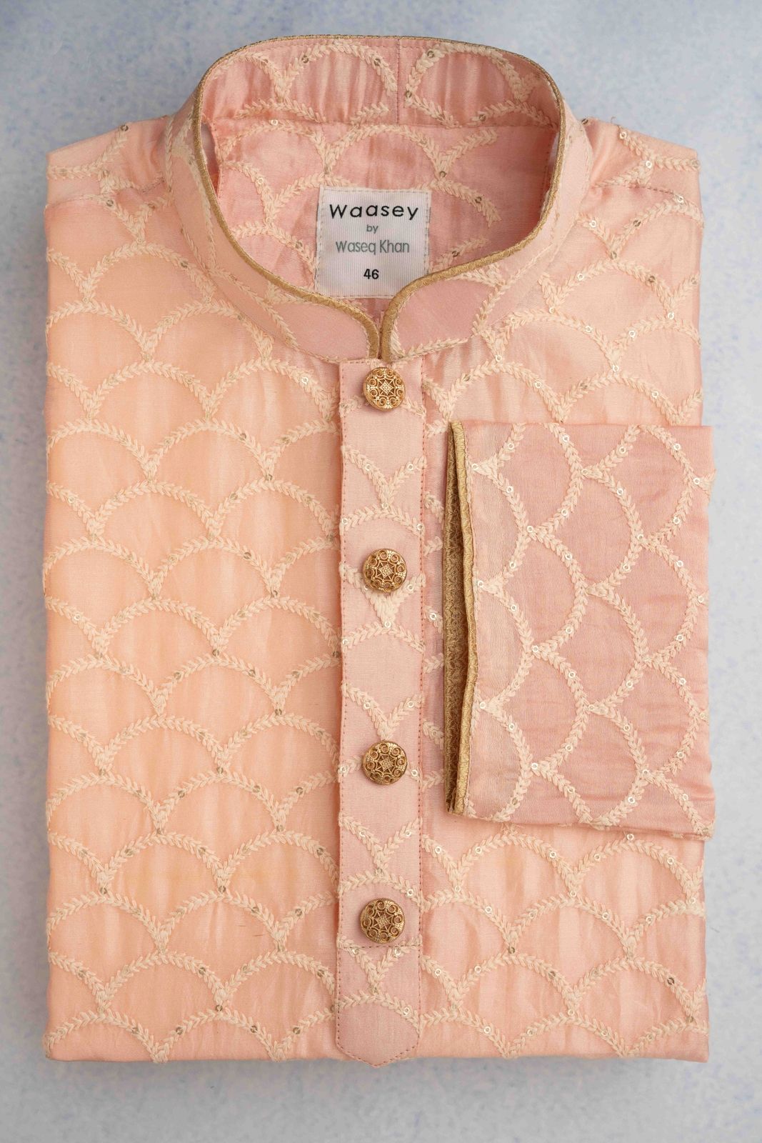 Soft Pink Panjabi with Gold Embroidered Buttons