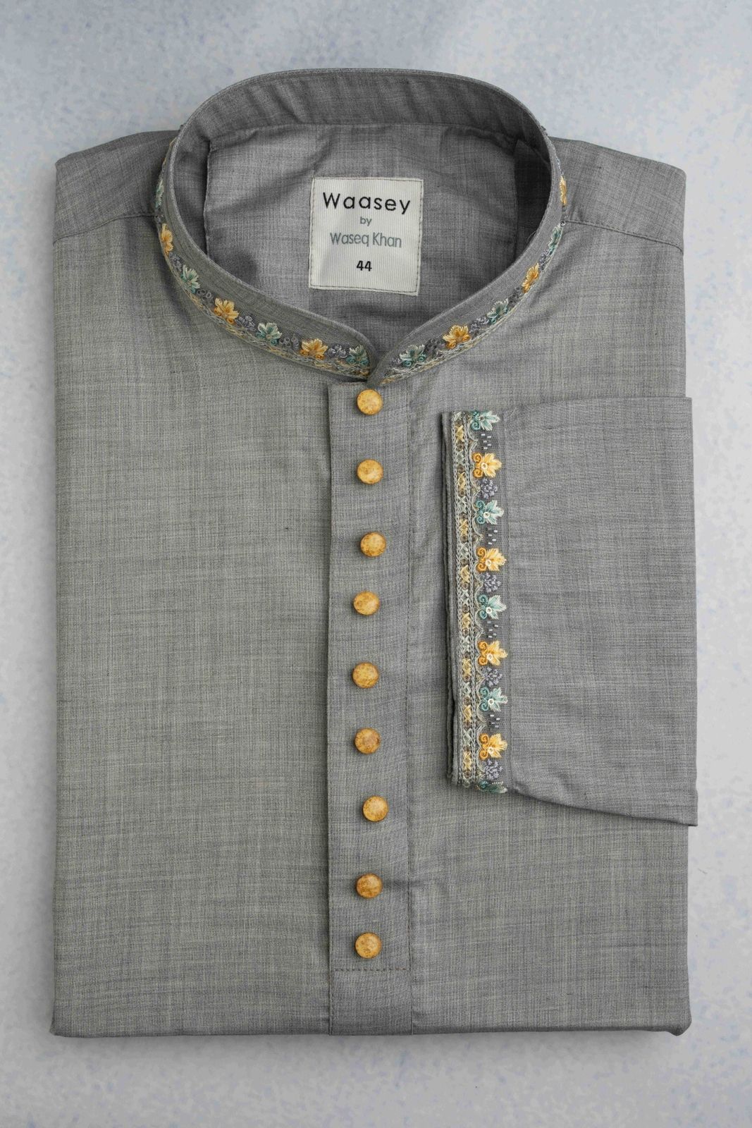 Slate Grey Panjabi with Gold Floral Embroidery