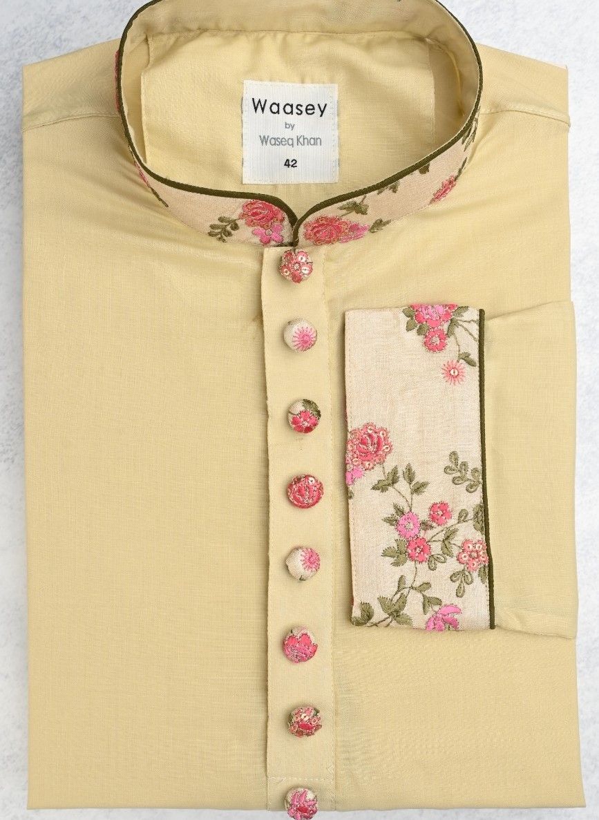 Yellow Panjabi with Rose Embroidery
