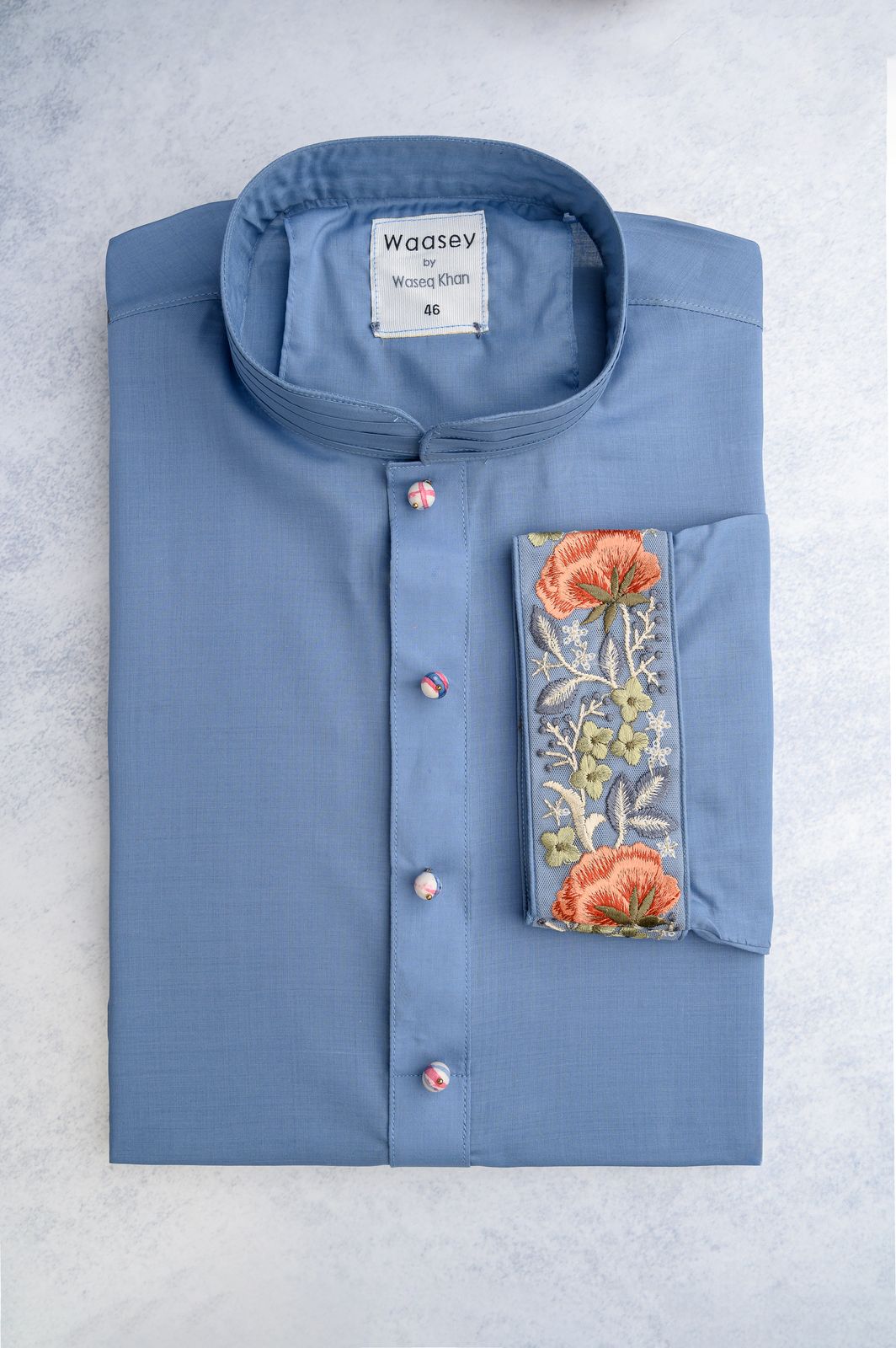 Sky Blue Floral Embroidered Pocket Panjabi