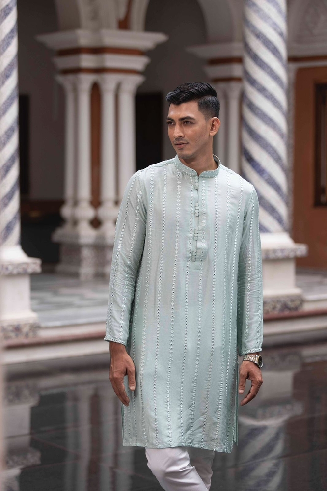 Aqua Panjabi with Textured Striped Embroidery