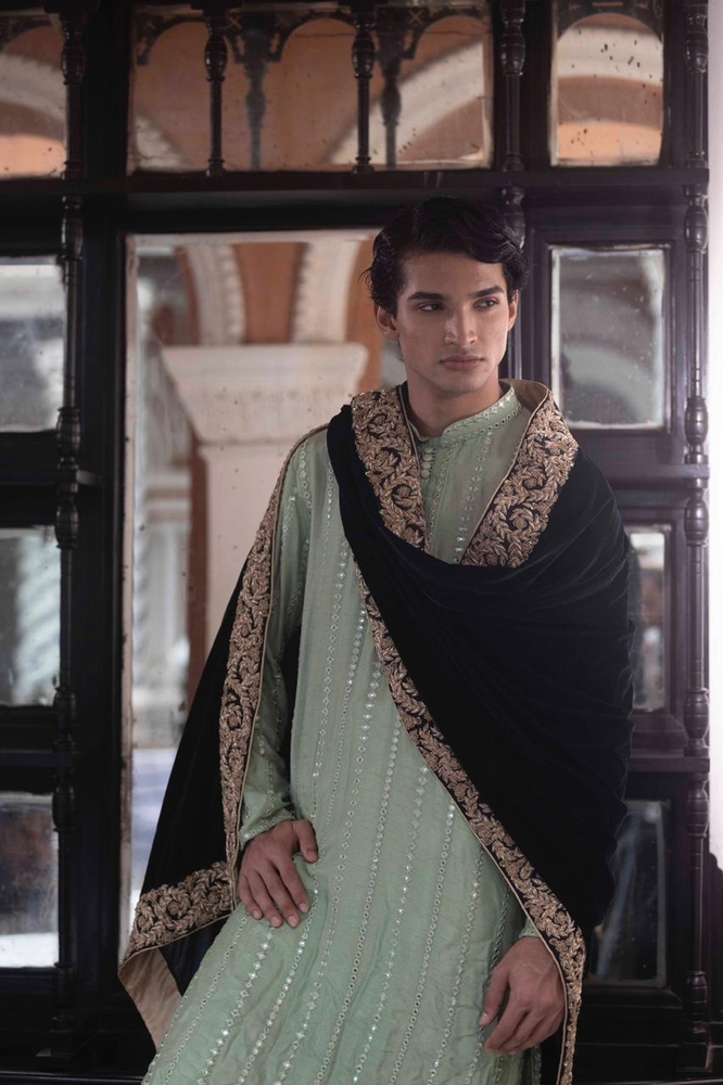 Pastel Green Panjabi with Textured Embroidery
