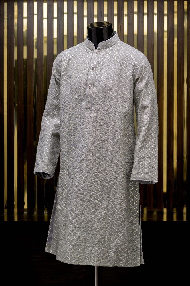 Silver Panjabi with Zigzag Embroidery Pattern