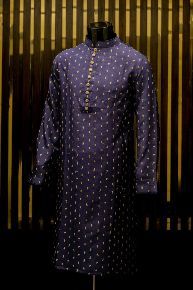 Blue Panjabi with Gold Motif Embroidery