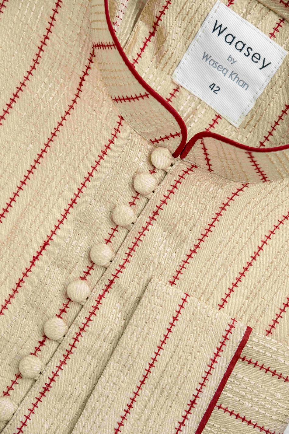 Cream Red-Stitched Panjabi with Fabric Buttons