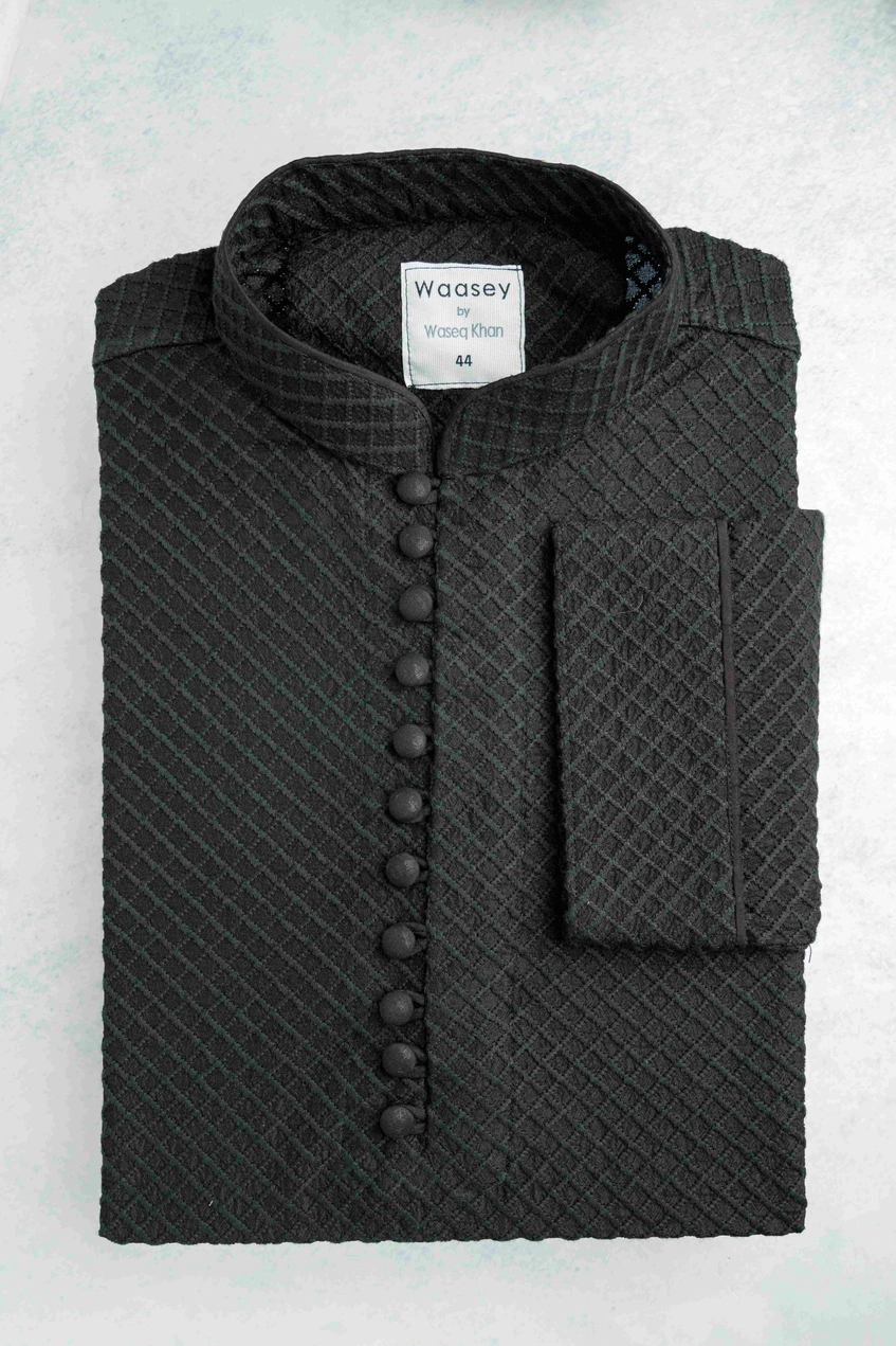 Black Textured Panjabi with Button Detail
