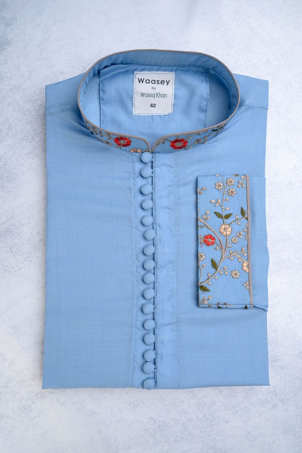 Sky Blue Panjabi with Vibrant Floral Details